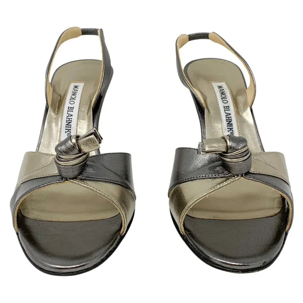 Manolo Blahnik Budingasling Bronze Metallic Knot Slingbacks 37